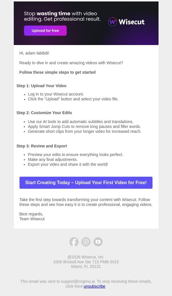 Get Started with Wisecut email from Wisecut screenshot