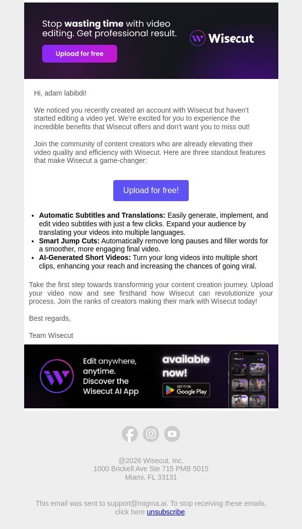 Your new viral video is waiting at Wisecut - Start Now! email from Wisecut screenshot