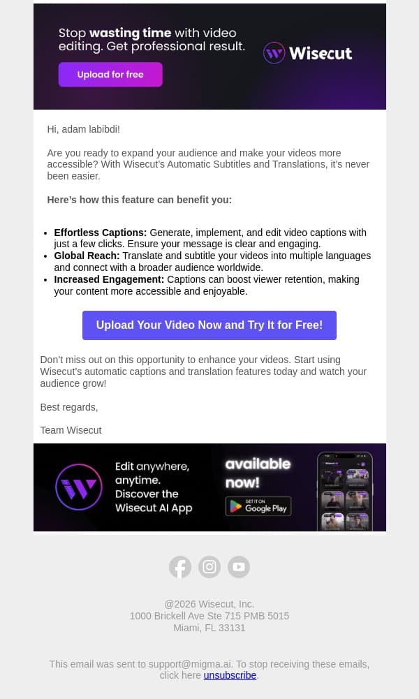 Improve Video Reach with Automatic Captions and Translations! email from Wisecut screenshot