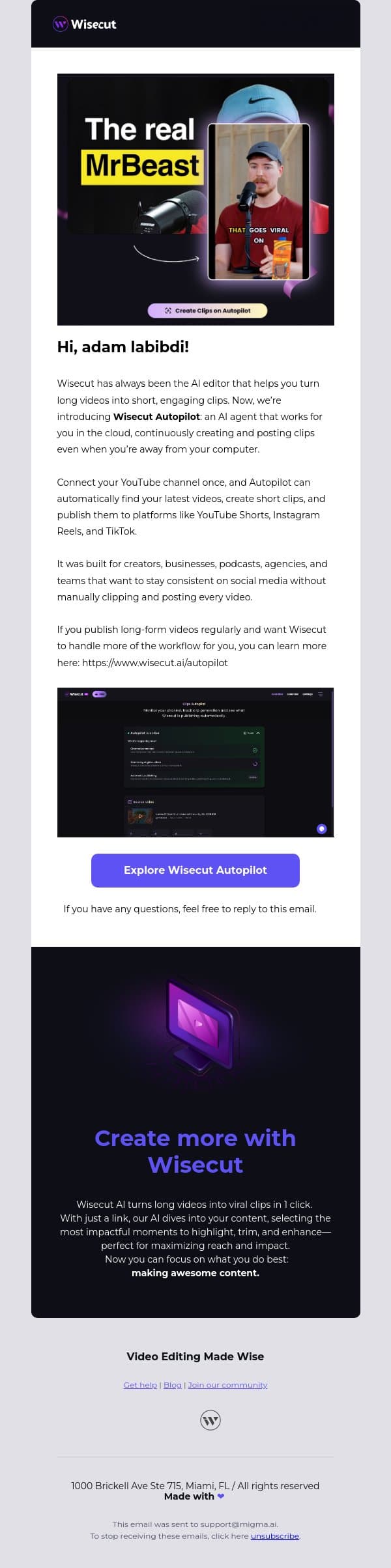 New: Wisecut Autopilot is here email from Wisecut screenshot