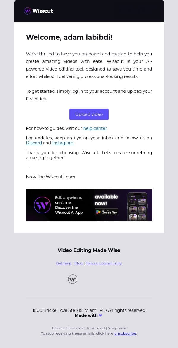 Welcome to Wisecut AI – Let’s Get Started! email from Wisecut screenshot