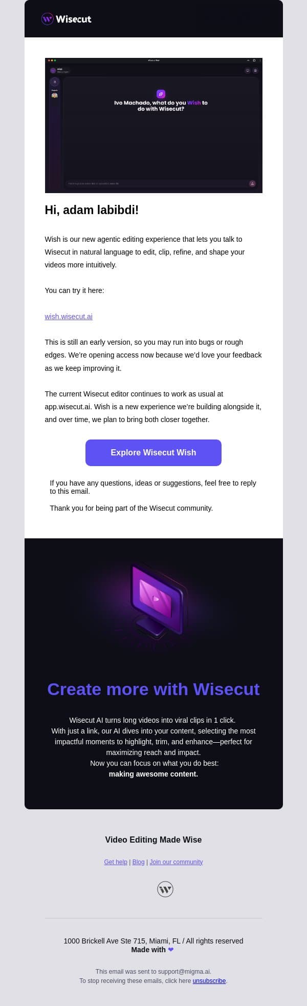 Wisecut Wish is now live in pre-launch email from Wisecut screenshot