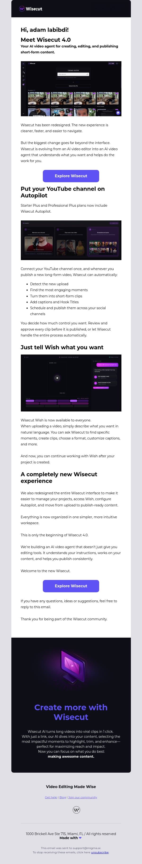 New: Autopilot included with Plus plans + Wish for everyone email from Wisecut screenshot