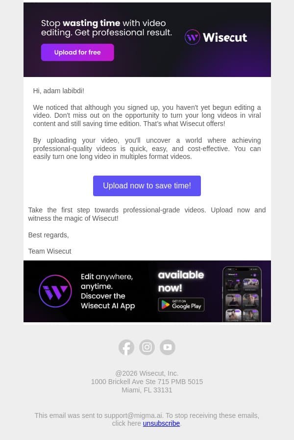 See How Creators Like You Are Succeeding with Wisecut! email from Wisecut screenshot