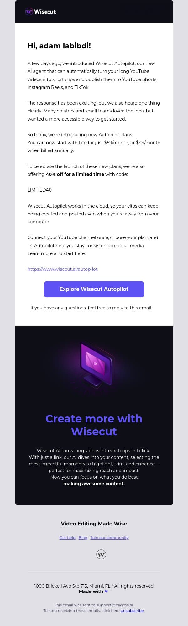 Wisecut Autopilot now starts at $59 + get 40% OFF email from Wisecut screenshot