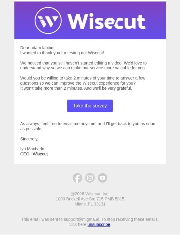 Re: We would like to know how your experience has been so we can make Wisecut even better for you! email from Wisecut screenshot