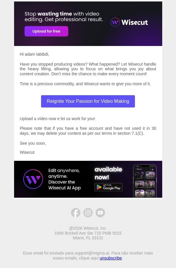 Have you stopped producing videos? email from Wisecut screenshot