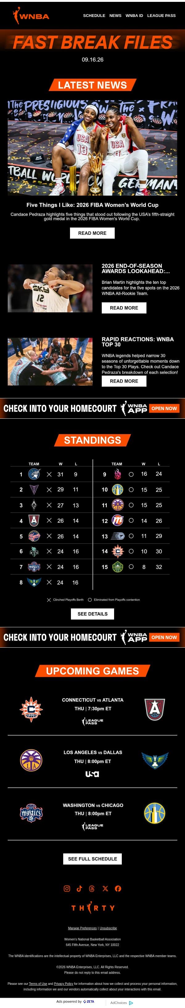 USA Wins Gold 🥇 The W is Back Tomorrow email from WNBA screenshot