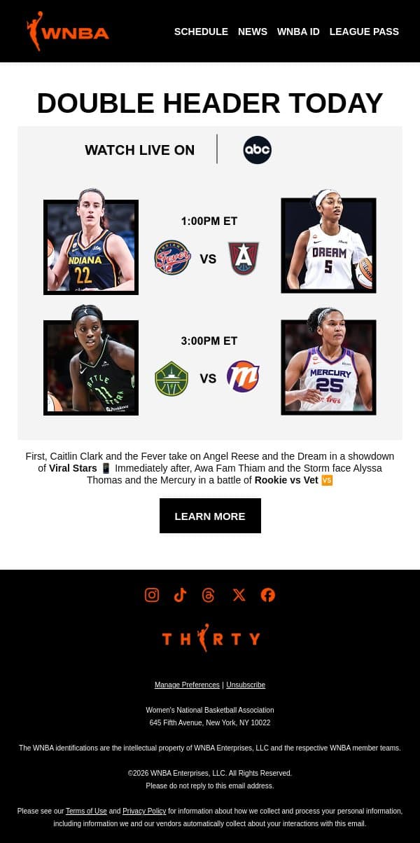 Today on ABC 🏀 IND vs ATL and SEA vs PHX email from WNBA screenshot