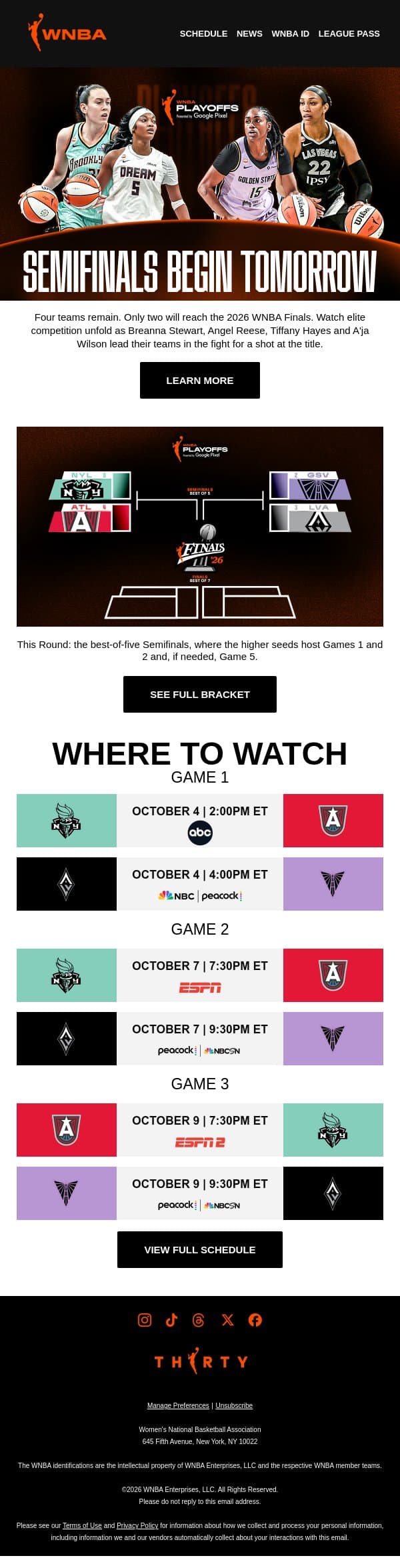 The Semifinals Have Arrived 🍿 email from WNBA screenshot