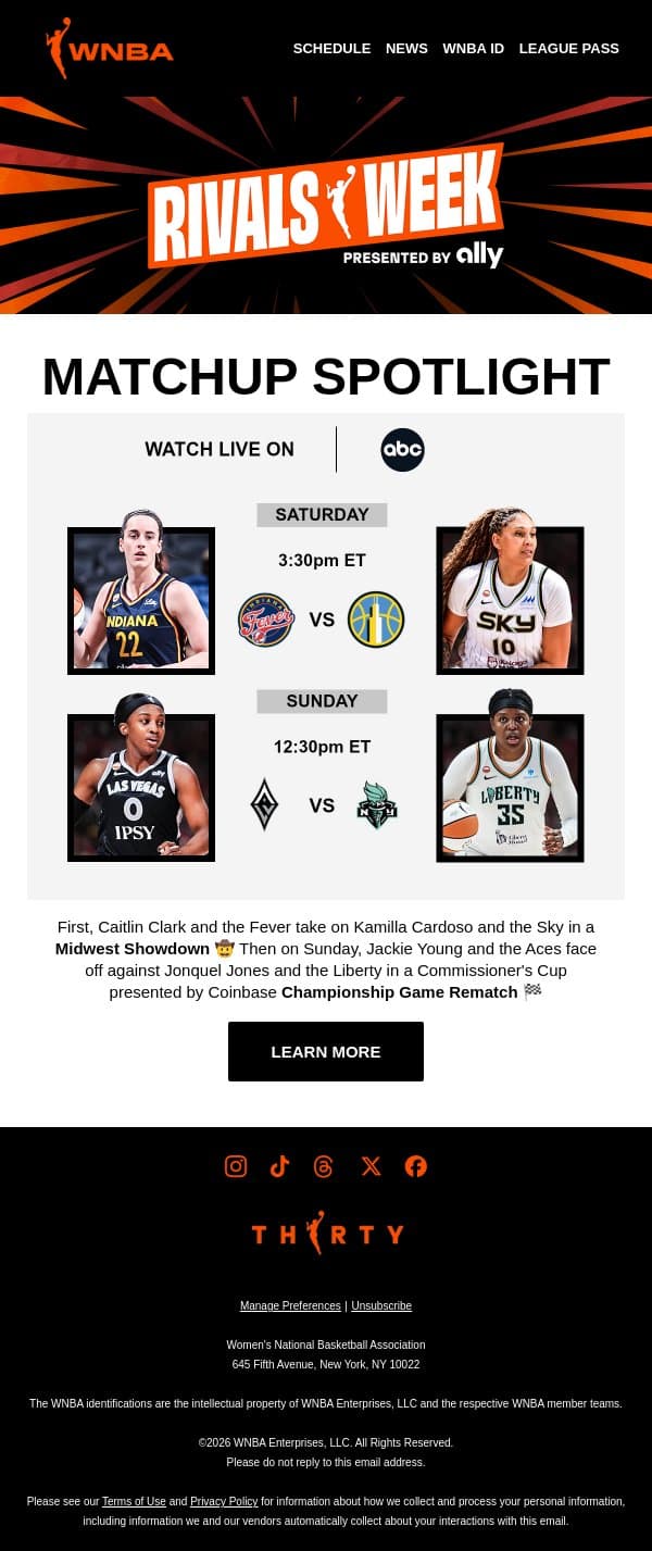 This Weekend on ABC 🍿 Rivals Week Presented by Ally email from WNBA screenshot