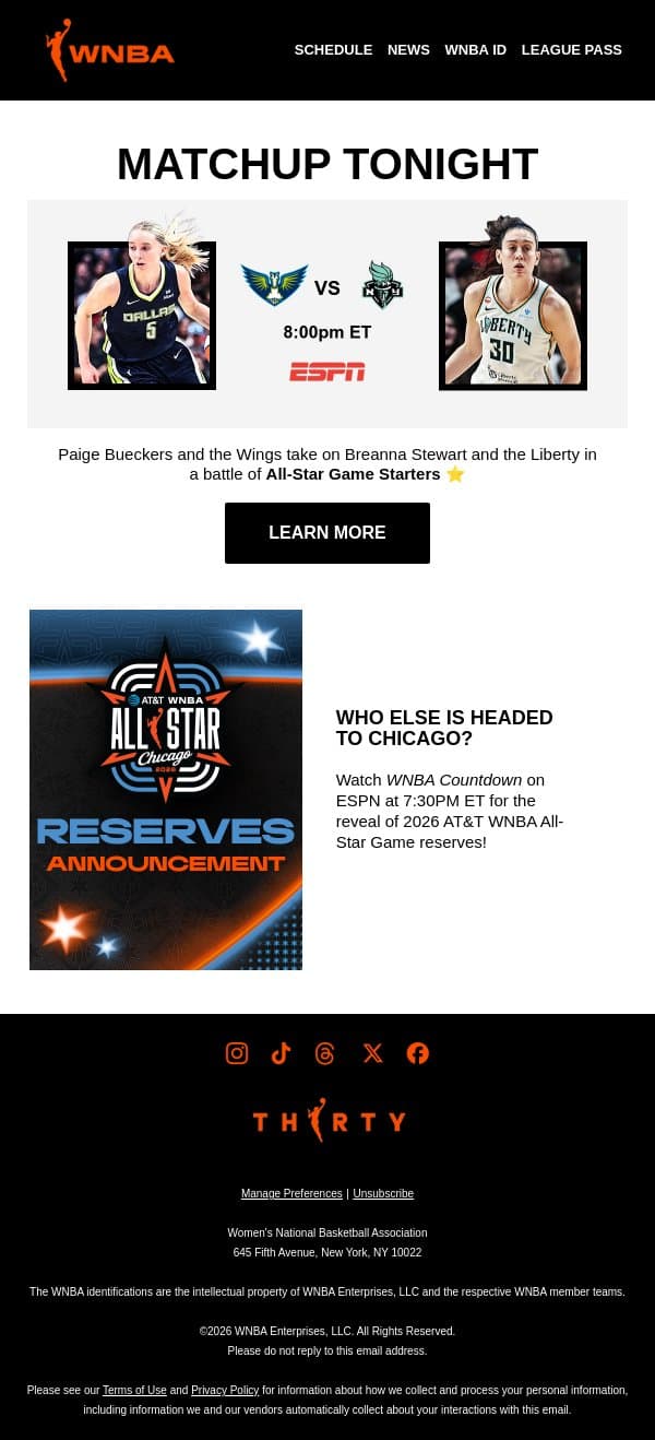 Tonight on ESPN 🌟 DAL vs. NYL email from WNBA screenshot
