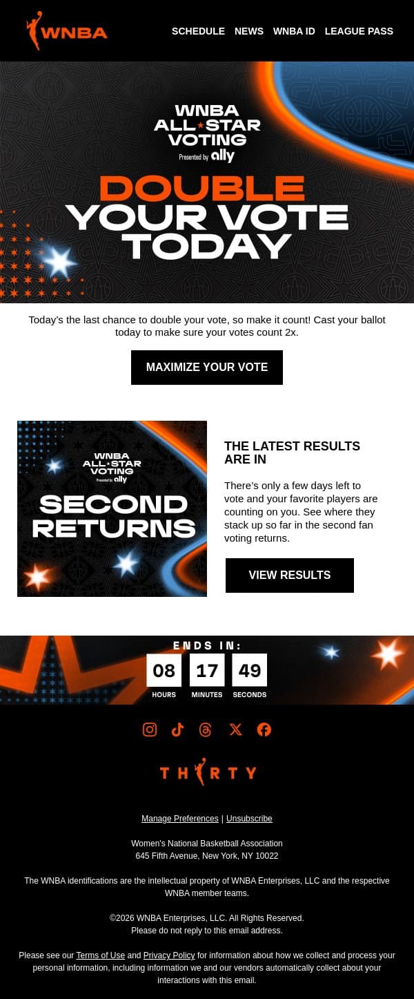 Don't Miss the Last 2-for-1 Voting Day❗ email from WNBA screenshot
