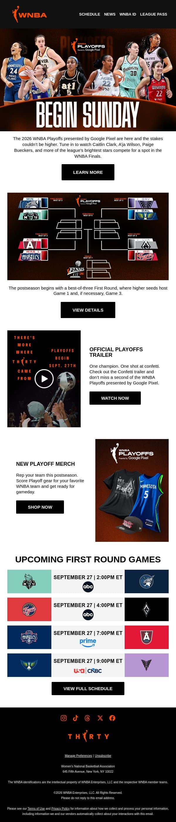 WNBA Playoffs Presented by Google Pixel 💥 Tip Off Sunday email from WNBA screenshot