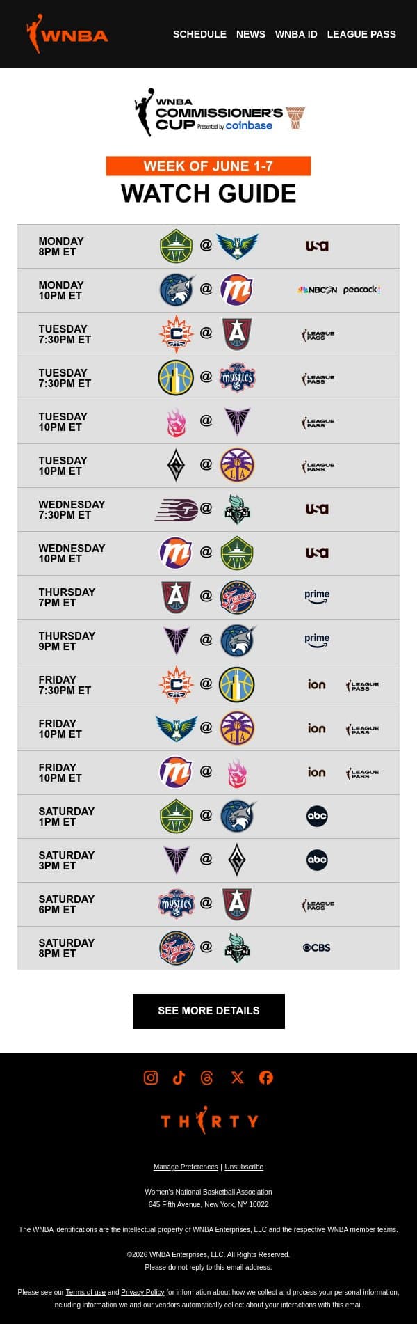 Your WNBA Watch Guide 🏎️ The Race for the Cup Begins email from WNBA screenshot