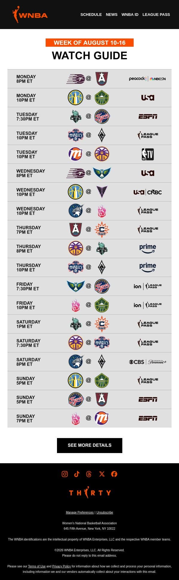 Your WNBA Watch Guide 🎇 Every Night Brings Something New email from WNBA screenshot