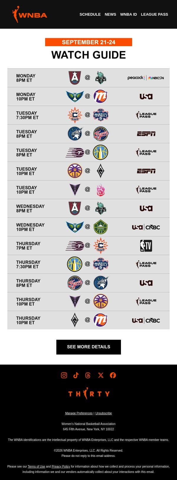 Your WNBA Watch Guide 📢 Last Call for Regular Season Hoops email from WNBA screenshot