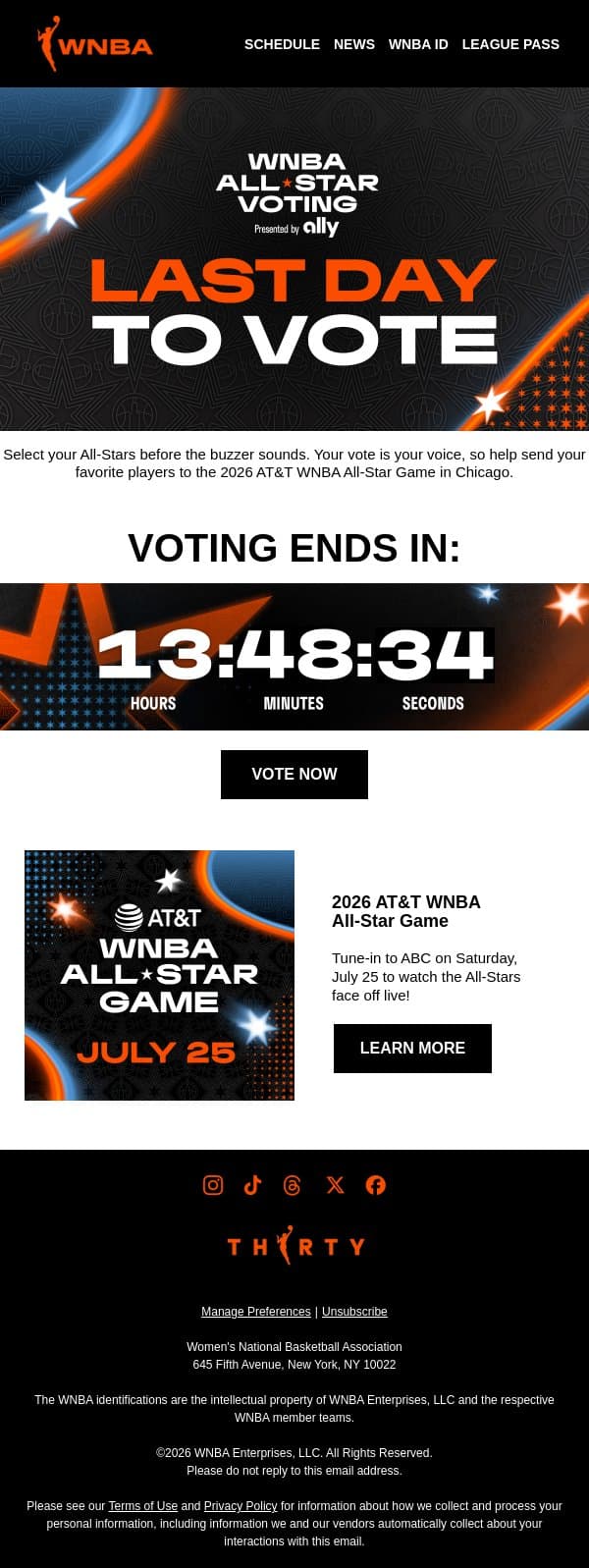🚨Last Day to Vote for Your WNBA All-Stars 🚨 email from WNBA screenshot