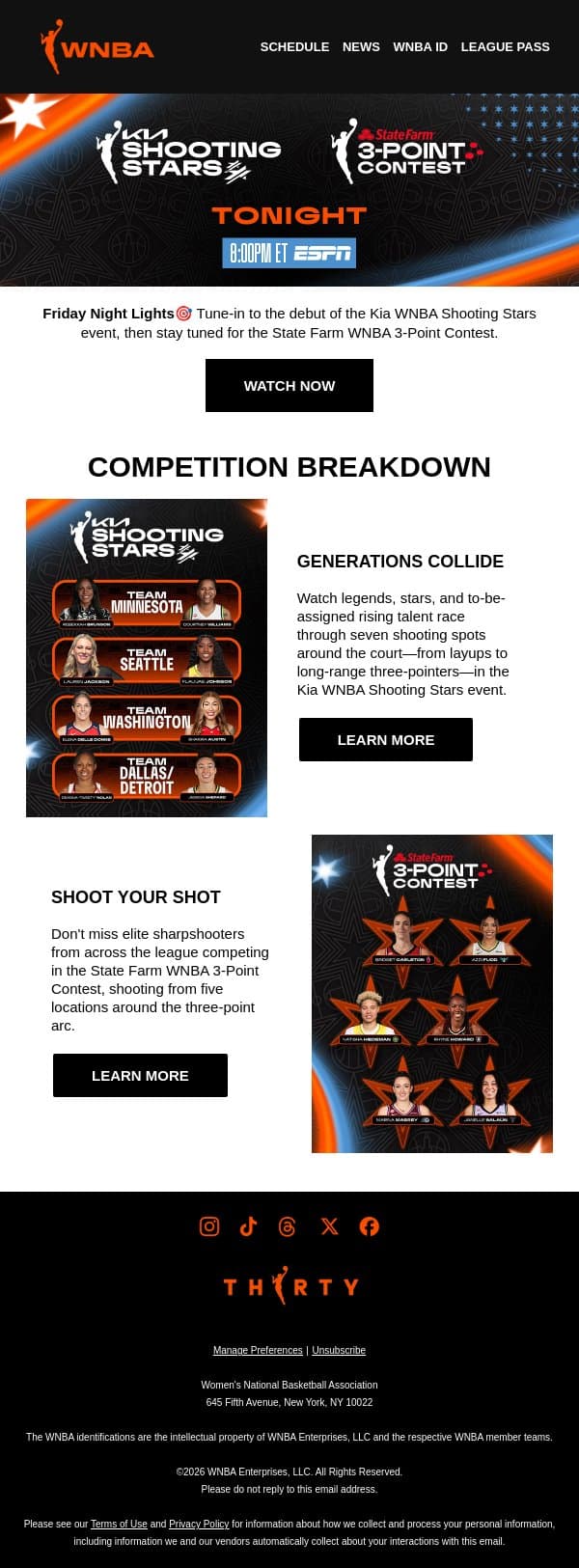 Two Competitions. One Big Night. 🌟 Starting at 8pm ET Tonight email from WNBA screenshot