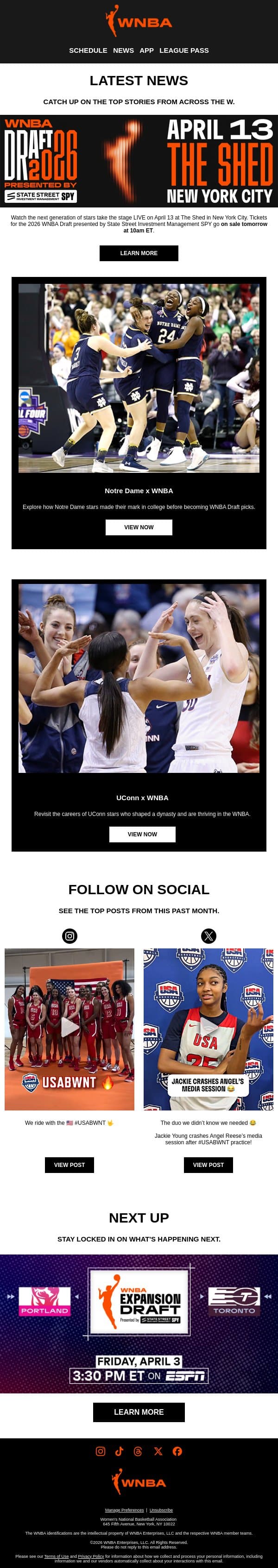 Spotlight’s On Draft Night ✨ Tickets Drop Tomorrow! email from WNBA screenshot
