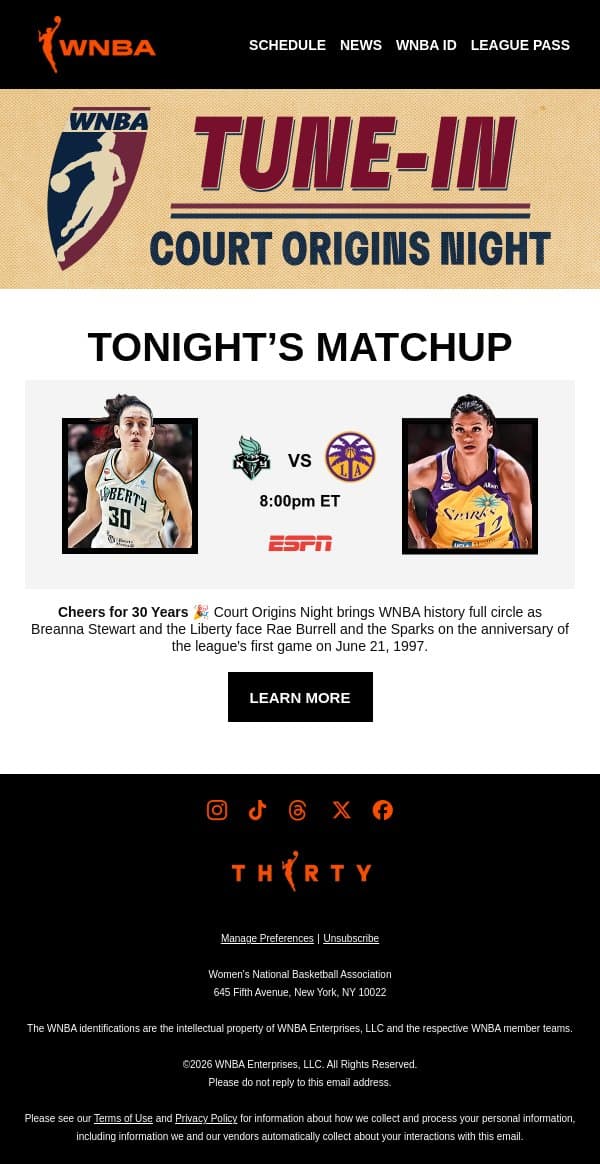 Today on ESPN 🏀 NYL vs LAS email from WNBA screenshot
