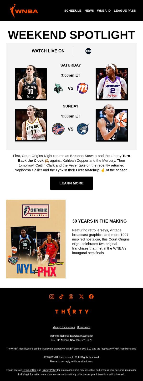 This Weekend on ABC 📢 NYL vs PHX and IND vs MIN email from WNBA screenshot