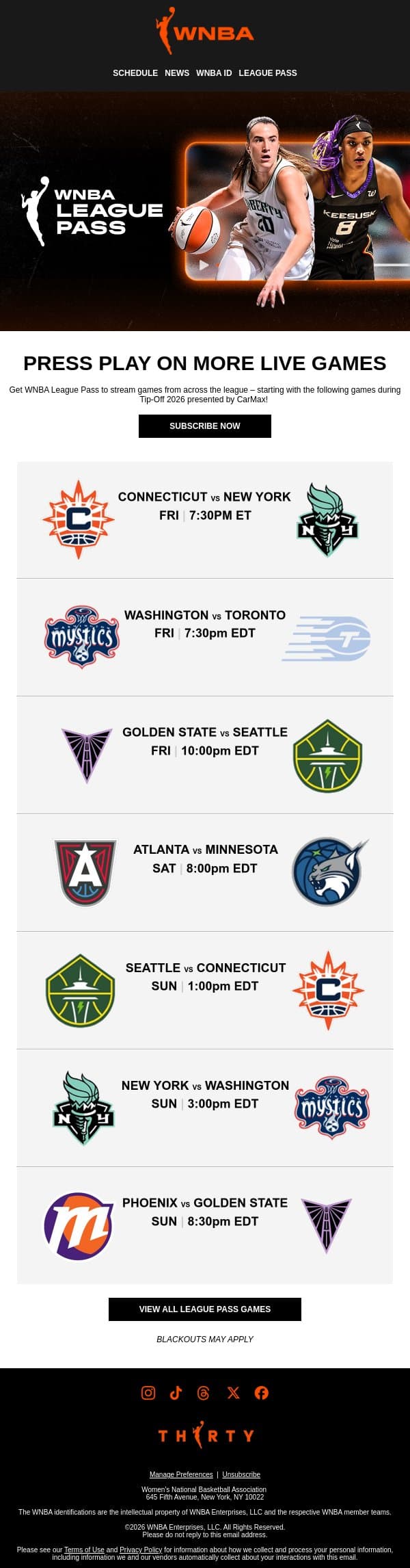 Press Play on the 2026 WNBA Season email from WNBA screenshot