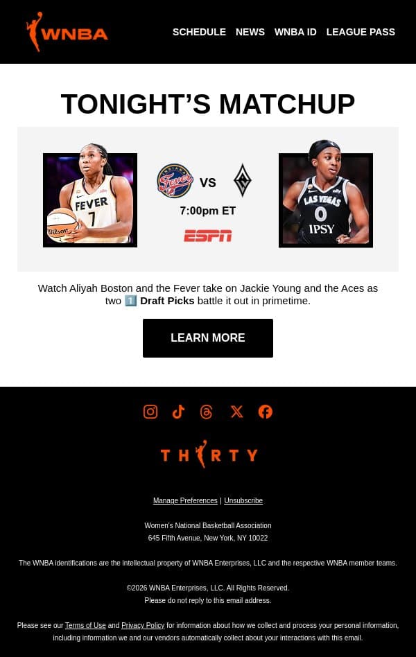 Tonight on ESPN 🔥 IND vs LVA email from WNBA screenshot