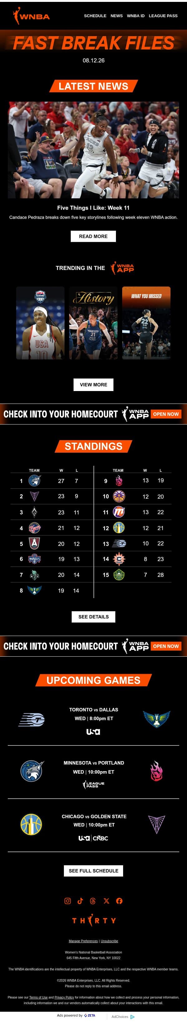 📊 Lynx, Valkyries, Aces—Lead the Race for First Place email from WNBA screenshot