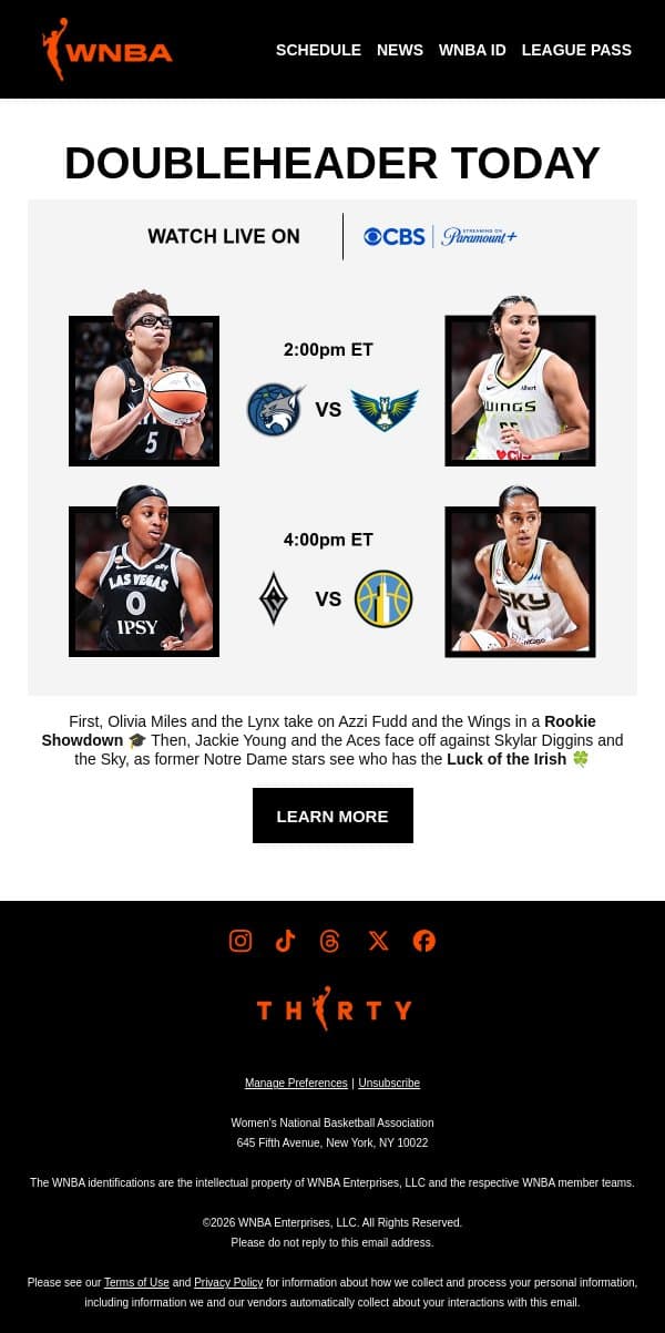 Today on CBS 🏀 MIN vs DAL and LVA vs CHI email from WNBA screenshot
