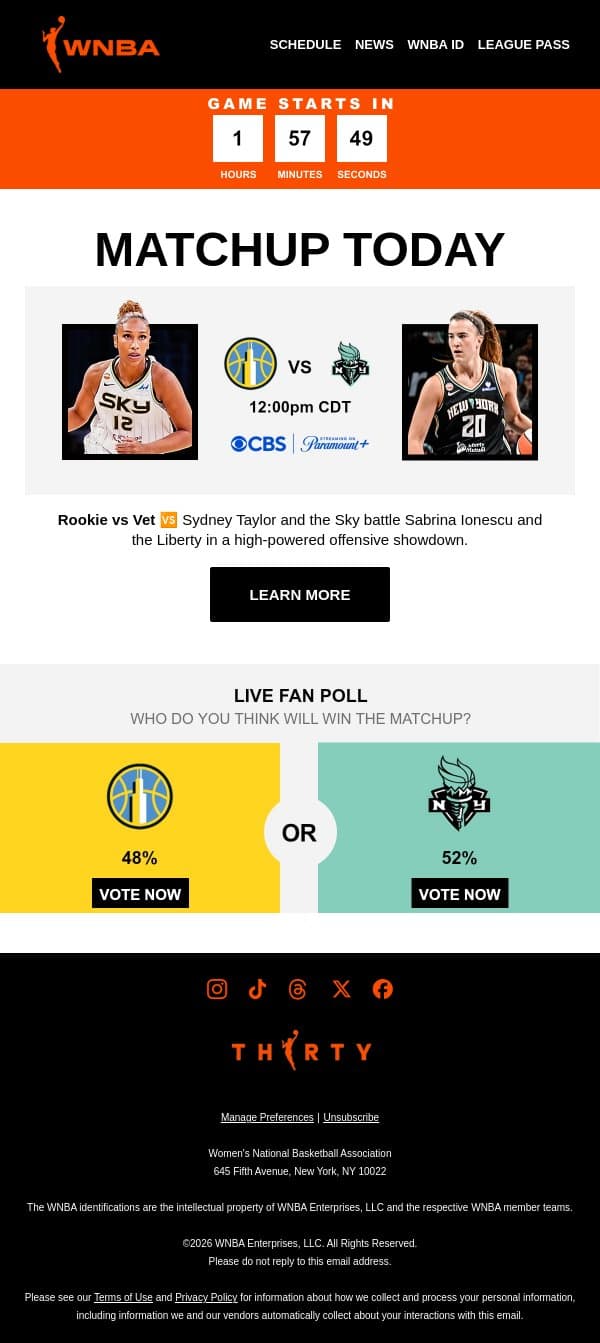 Today on CBS 🔥 CHI vs NYL email from WNBA screenshot