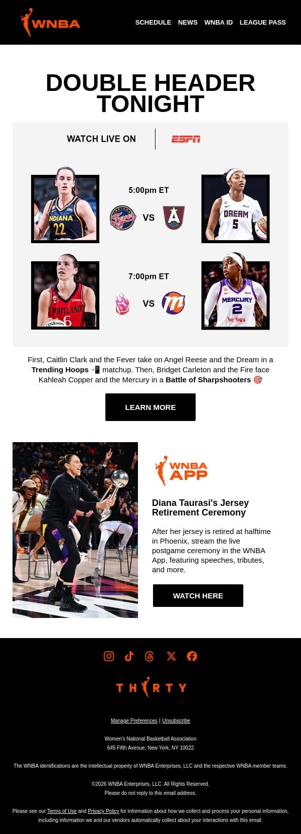 Tonight on ESPN 💥 IND vs ATL and PDX vs PHX email from WNBA screenshot