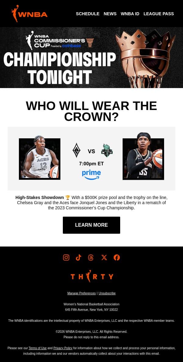 The Race for the Commissioner's Cup Ends Tonight 🏁 email from WNBA screenshot
