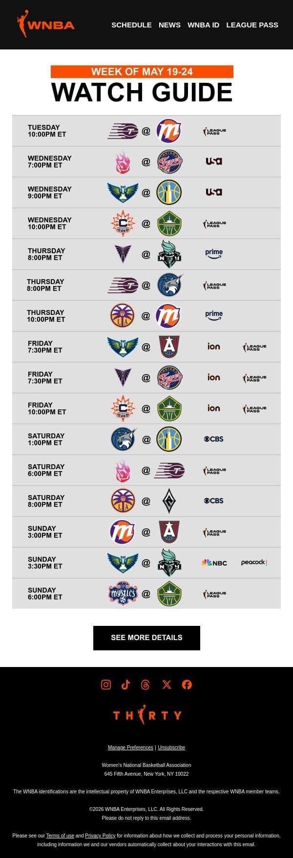 Your WNBA Watch Guide ⭐ Early Season, Big Moments email from WNBA screenshot