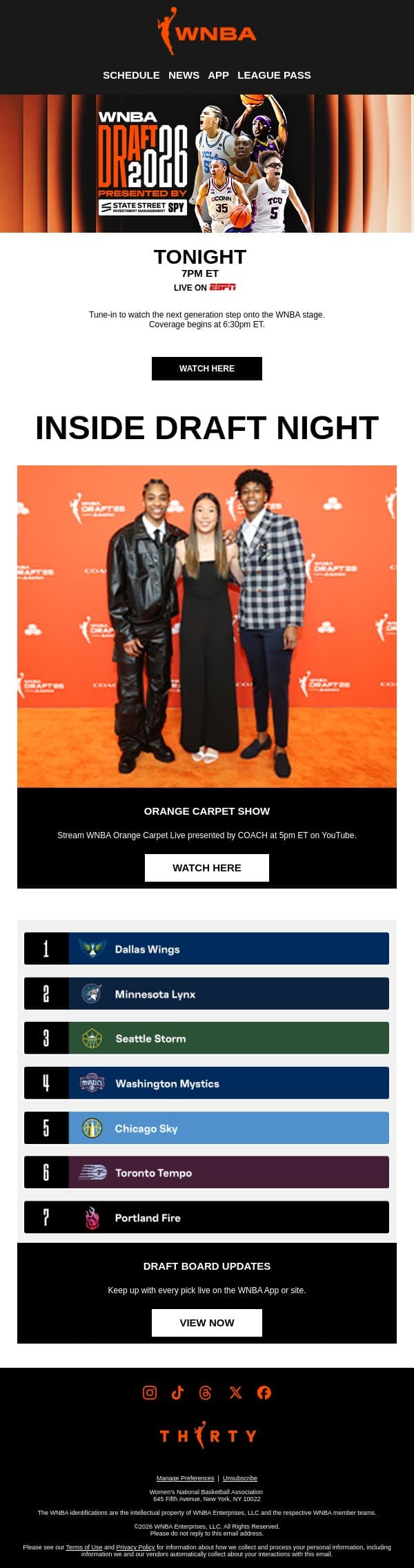 🎬 The WNBA Draft is Here email from WNBA screenshot