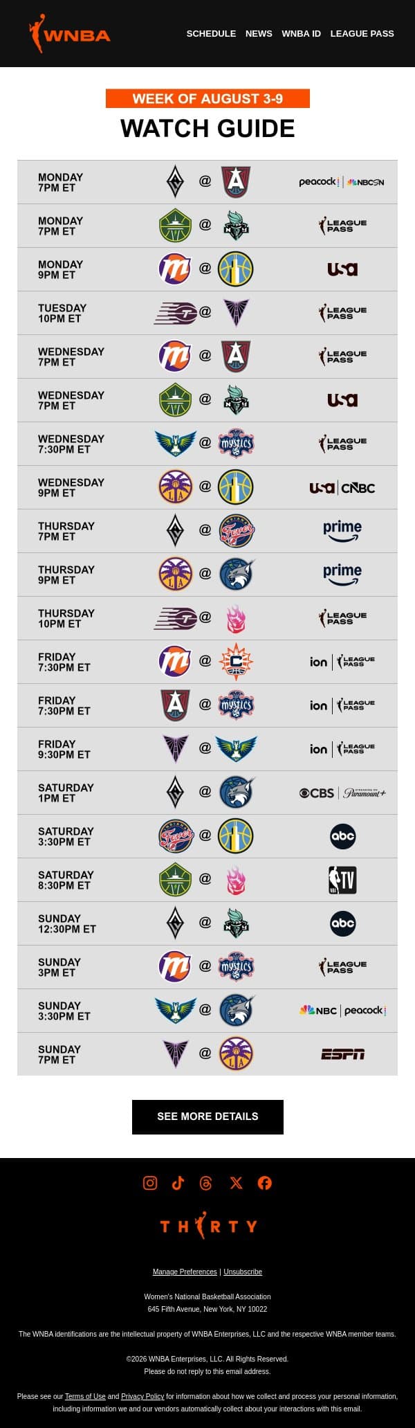 Your WNBA Watch Guide 🌊 Catch the W Wave email from WNBA screenshot