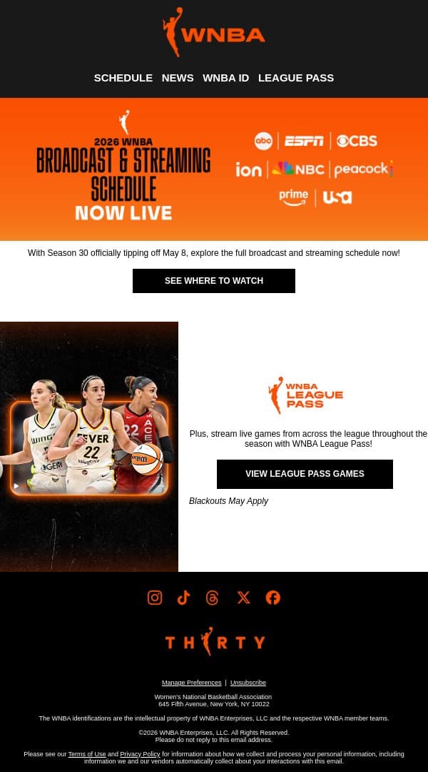 The 2026 WNBA TV Schedule is Here 📺 email from WNBA screenshot