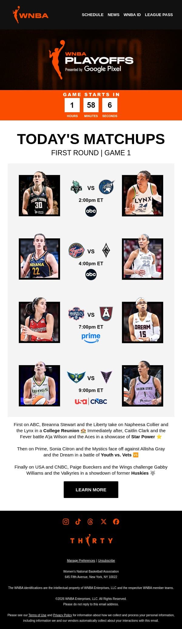 Playoff Action Begins Today on ABC, Prime and USA 🔥 email from WNBA screenshot