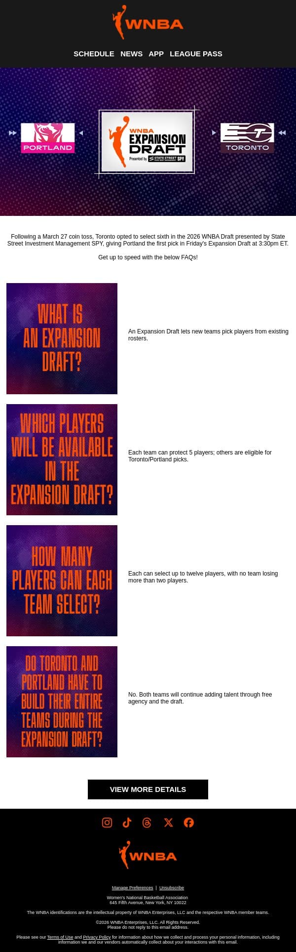 📝 Expansion Draft 101: Everything You Need to Know email from WNBA screenshot