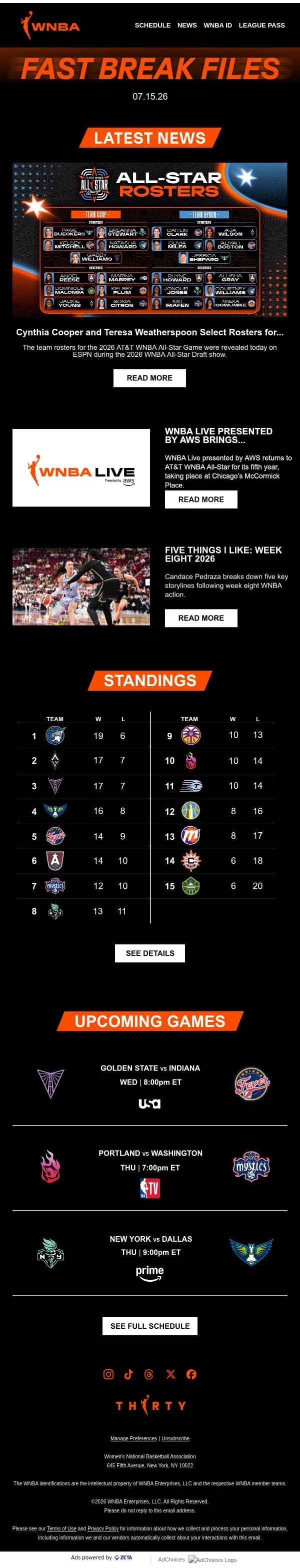 Star Power Assembled: All-Star Coaches and Rosters Revealed email from WNBA screenshot