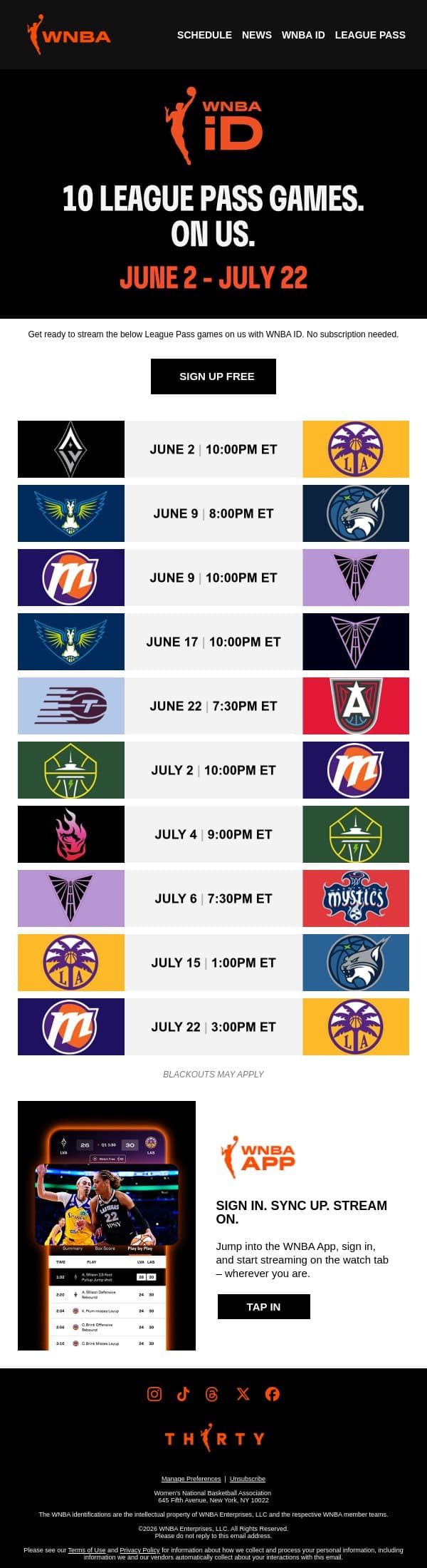10 League Pass Games. On Us . 👀 Starting Tonight email from WNBA screenshot