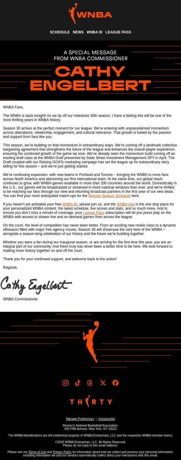 A Letter From the Commissioner ✉️ Season 30 email from WNBA screenshot