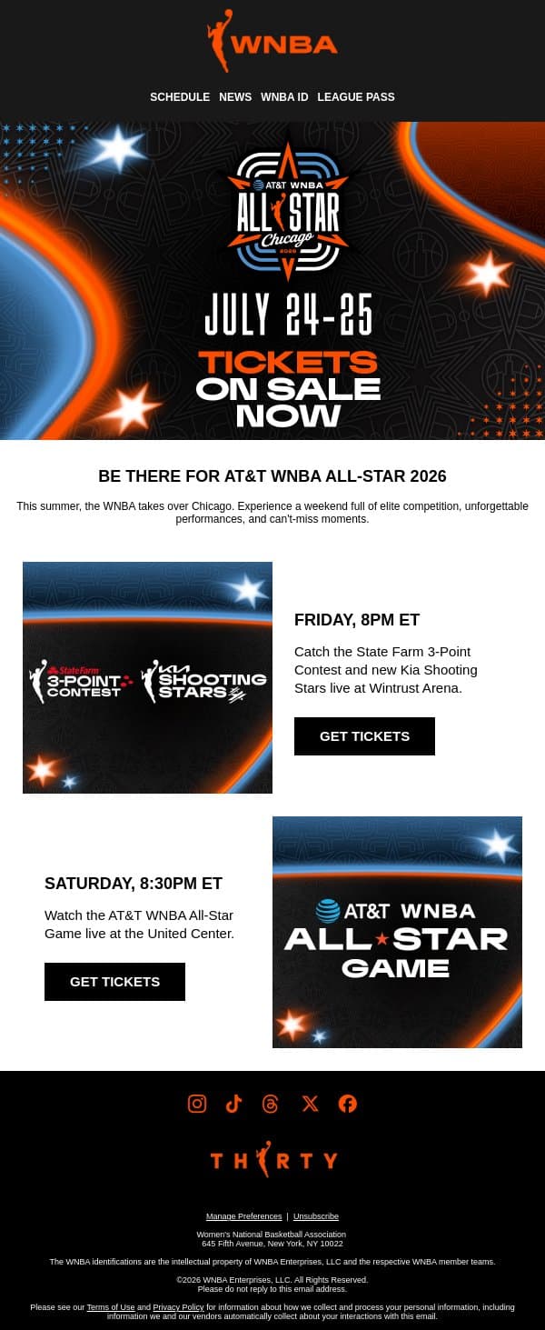 🚨 AT&T WNBA All-Star 2026 Tickets On Sale Now email from WNBA screenshot