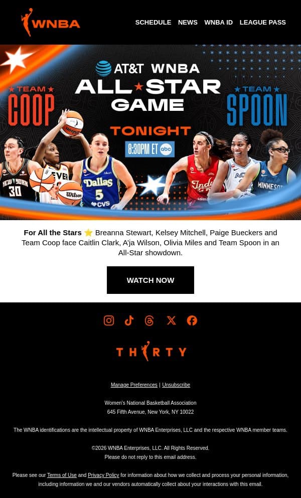 The Main Event is Here. Team Coop vs. Team Spoon 🔥 email from WNBA screenshot