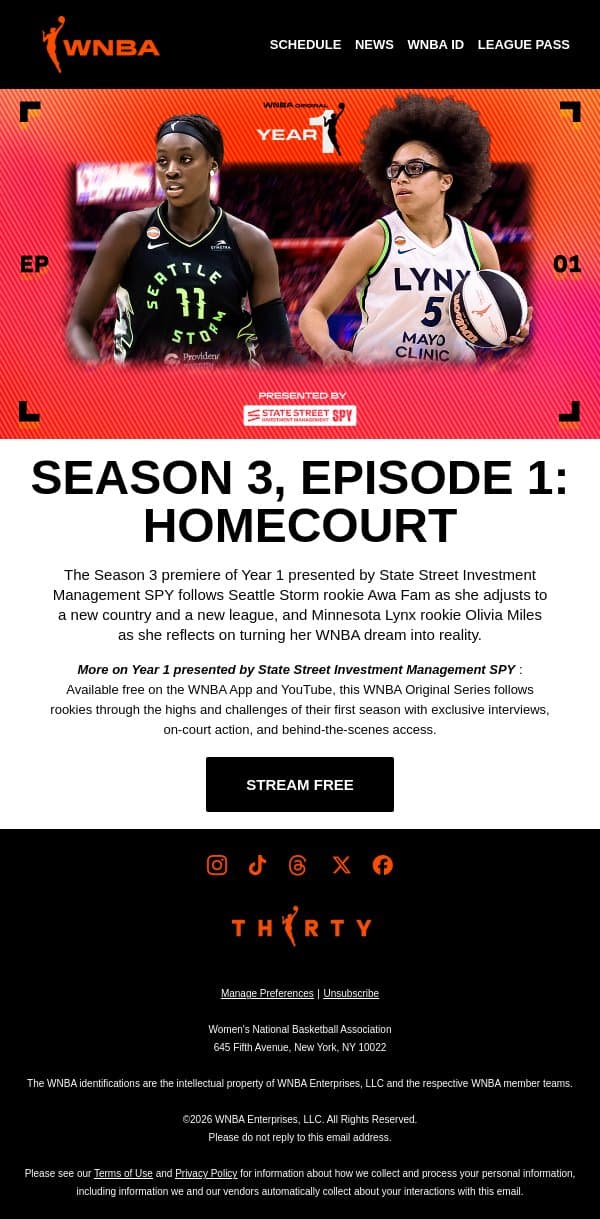 🎬 NOW STREAMING: Season 3 of Year 1 email from WNBA screenshot