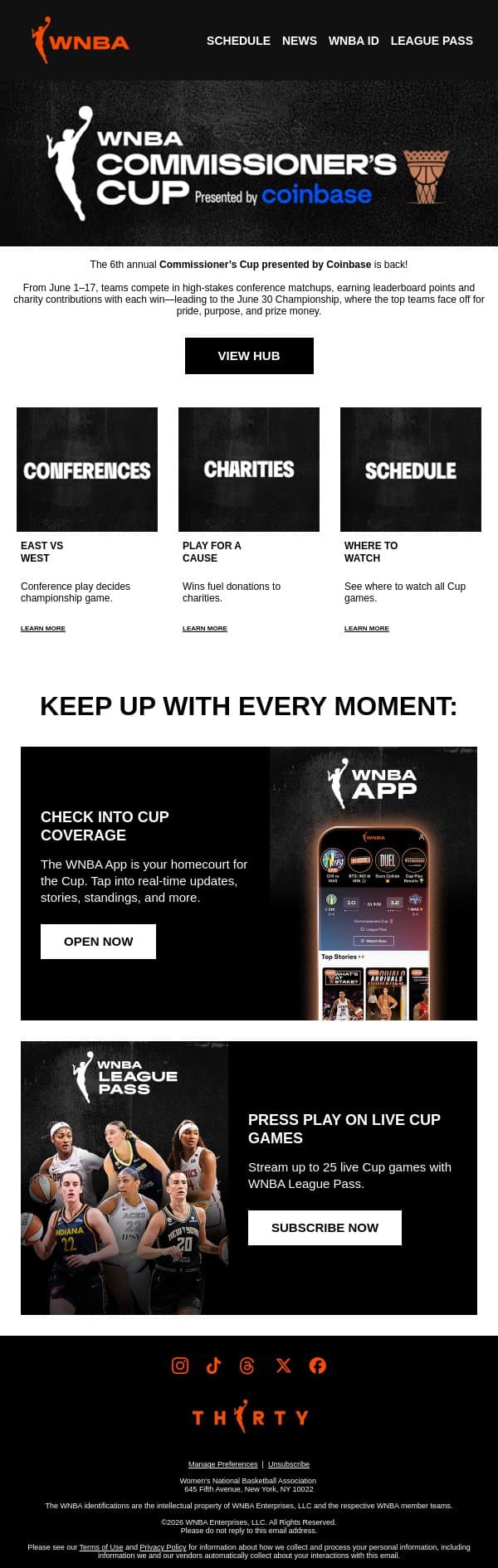 Get Ready for the Commissioner’s Cup 👑 email from WNBA screenshot