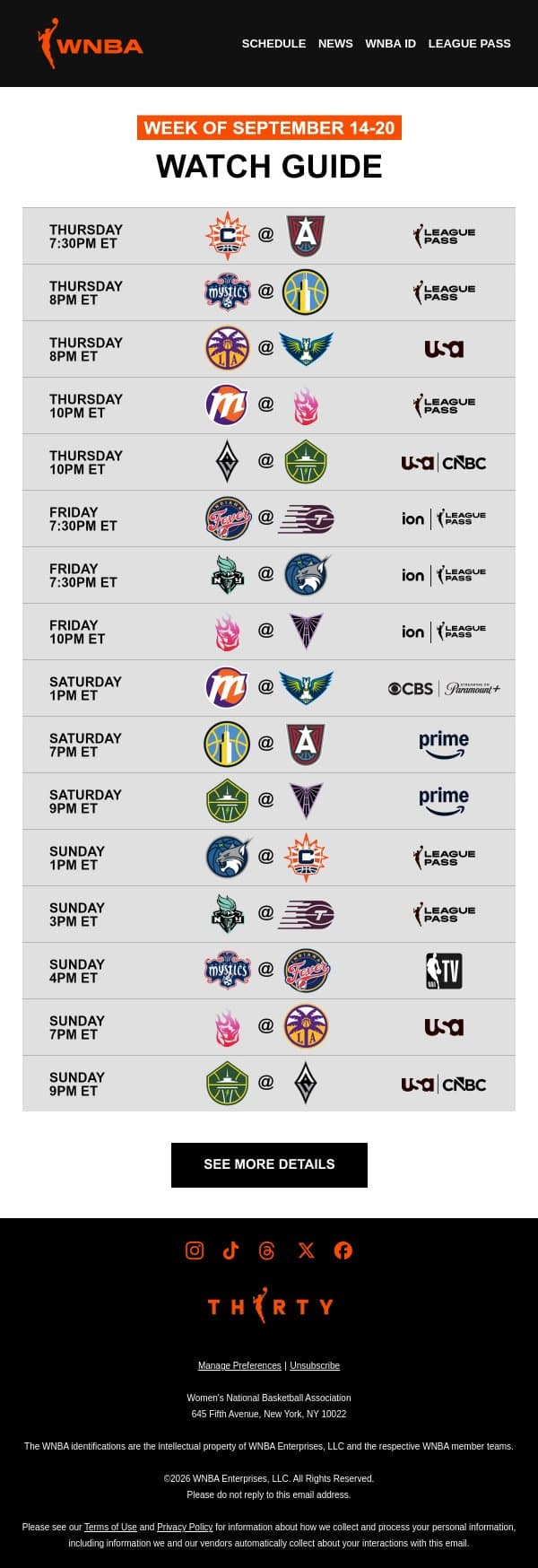 Your WNBA Watch Guide ▶️ Back This Week Like We Never Left email from WNBA screenshot