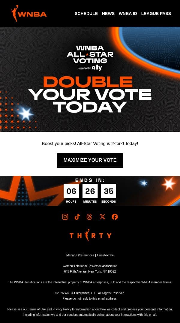 It’s Double Vote Day 🥳 email from WNBA screenshot