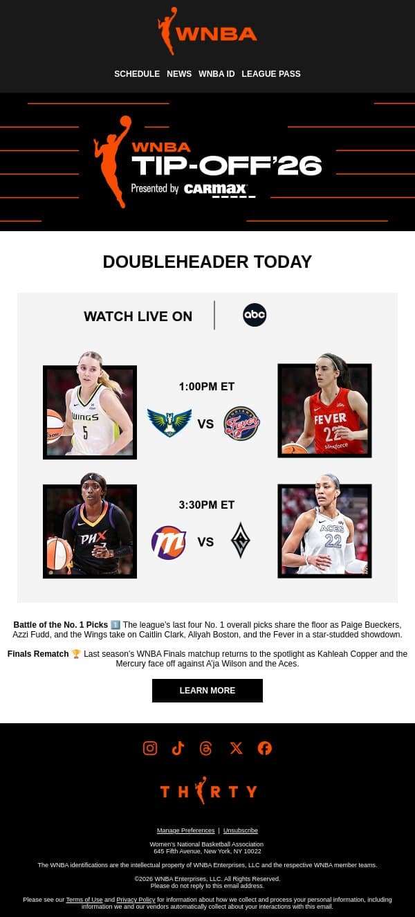 It’s On 🏁 Tip-Off Weekend Doubleheader at 1pm ET email from WNBA screenshot