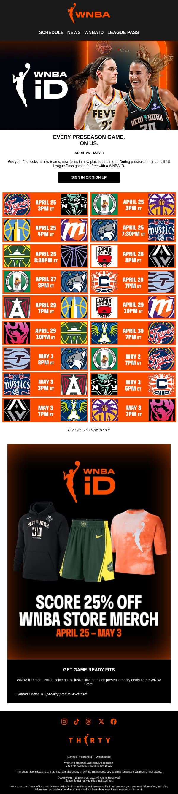 Stream Every Preseason Game ▶️ On Us email from WNBA screenshot